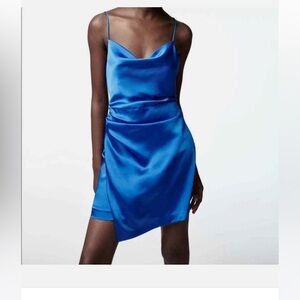 BNWT Zara Cobalt Blue Satin mini draped Dress medium